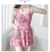 Traje de baño conservador de moda coreana sexy de una pieza con estampado floral rosa y nudo arrugado mini vestido culottes bikinis traje de baño acolchado - details 7