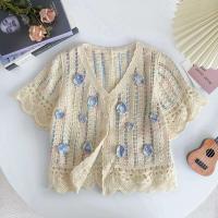 Top con botones de ganchillo con bordado floral, cárdigan corto de punto con mangas transparentes para mujer, tres Vintage Teengirl Fairycore - details 4