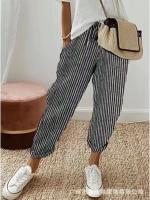 Pantalones a rayas estampados de Color sólido para mujer, pantalones de pierna ancha, bolsillo elástico, corte ajustado, estilo viajero, verano 2024 - details 1