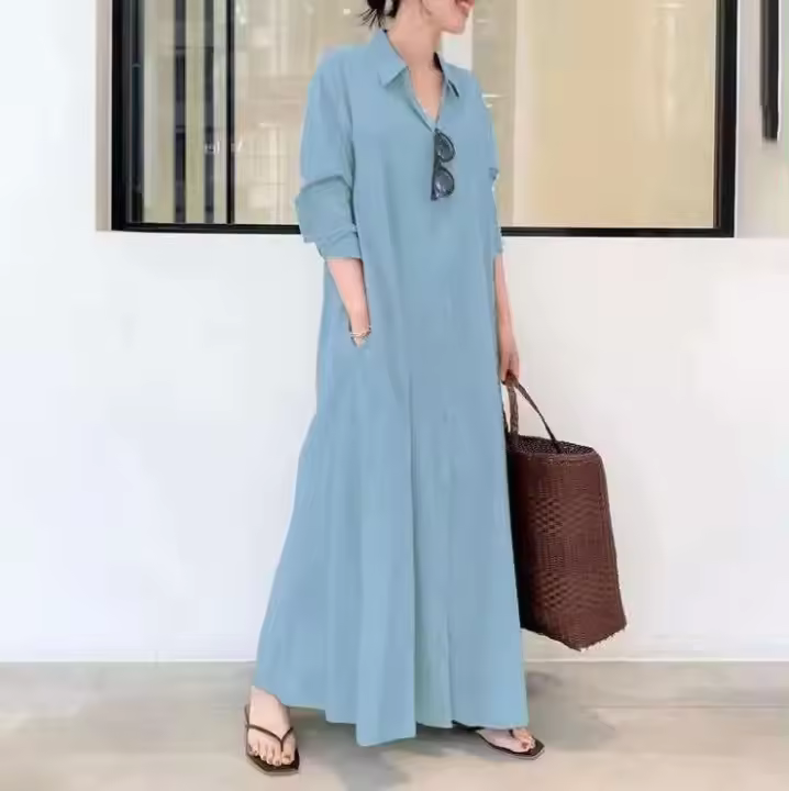 Vestidos sencillos e informales de Color liso para mujer, vestidos largos holgados con solapa y manga de un solo pecho, Vestidos para ir al trabajo - 1