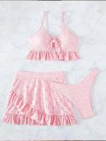 Conjunto de Bikini liso para mujer, bañador Sexy de malla de cintura alta, estilo playero, traje de baño de 3 piezas con volantes para verano, 2023 - details 14