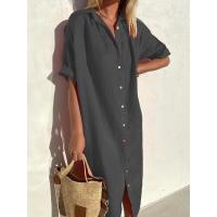 Vestido camisero largo de lino y algodón con botones de manga corta holgado informal elegante para mujer - details 2