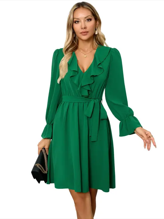 Elegante y bonito vestido Midi con cuello en V para mujer, vestidos de manga larga de línea A informales de Color sólido, liquidación - 1