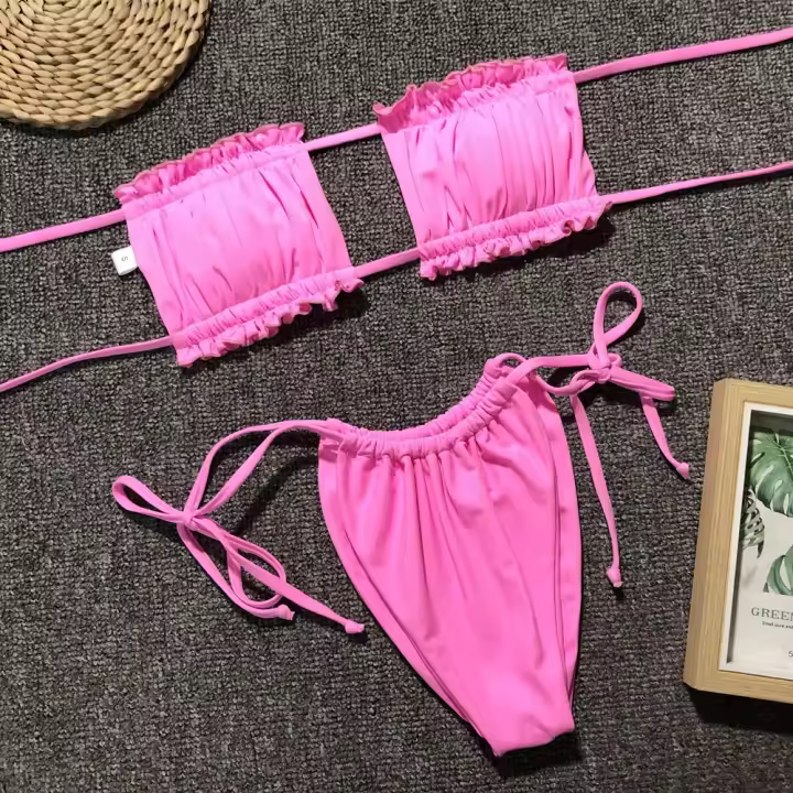 bañador unicolor para mujer, conjunto de Bikini brasileño Sexy con Tanga, traje de baño con cordones, ropa de playa 2025 - 1