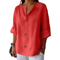 Camiseta de verano "Mujer 2025 con cuello en V, lino y algodón, holgada y transpirable, estilo boho-chic - Moda informal y elegante" "Mujer con cuello en V, algodón, transpirable, - Moda" - details 27