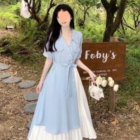 Diseño sentido falso dos piezas de temperamento artístico vestido camisero con cuello en V falda larga de cintura suave francesa de verano para mujer - details 8