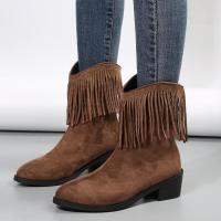 Botas de mujer con punta redonda y tacón grueso con tachuelas de ante, estilo retro jeans western, novedad - details 4
