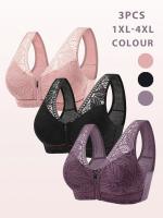 Conjunto de 3 Sujetadores Tipo Tank con Cremallera Frontal de Talla Grande, Sujetadores de Moda para Mujer sin Anillo de Acero, Sujetador Suave con Patrón de Comodidad y Efecto Push Up, Set de 3 Piezas - details 0