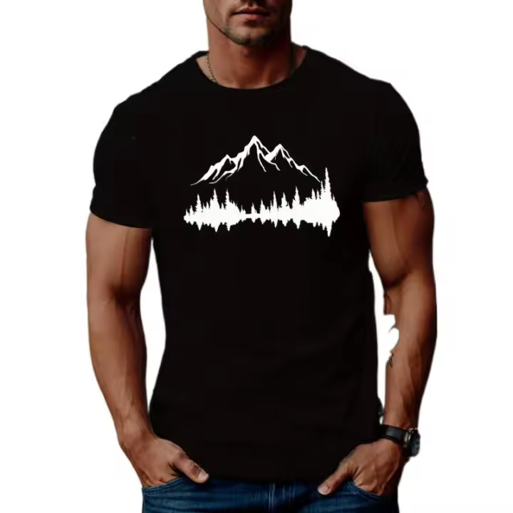 Camiseta casual de verano de manga corta para hombre, camiseta con estampado de montañas y árboles - 1