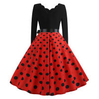 Women plaid print long sleeve vintage a line party dress v neck - details 75