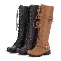 Botas de cuero con punta redonda y hebilla para mujer, botas planas con remaches y cordones, botas altas de caballero, otoño e invierno - details 1