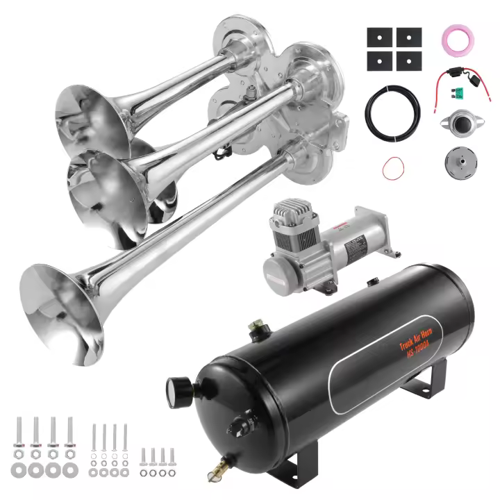 SucceBuy Kit de 4 bocinas de tren de trompeta, 150 dB, para cualquier vehículo de 12 V, automóvil, camión, tren, furgoneta, barco, compresor de 12 V, 160 psi, tanque de 2,6 gal/10 L, manómetro - 1