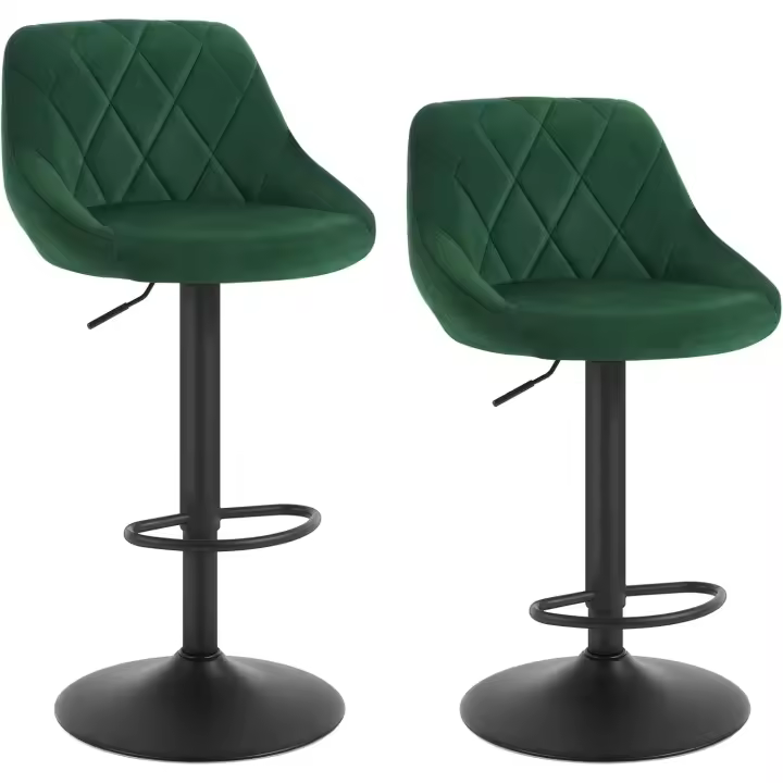 Taburete de Bar de Terciopelo Altura Ajustable Diseño Giratorio Sillas de Cocina Verde Oscuro - 1