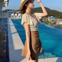 Moda Coreana Vestido de Una Pieza Estilo Doble Combinación de Colores, Escote en V Profundo, Triángulo Cubierto, Traje de Baño Adelgazante - details 1