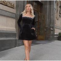 Minivestido negro de terciopelo con decoración de diamantes de imitación para mujer, elegante vestido de fiesta de noche con cuello cuadrado y manga larga y cintura alta - details 19