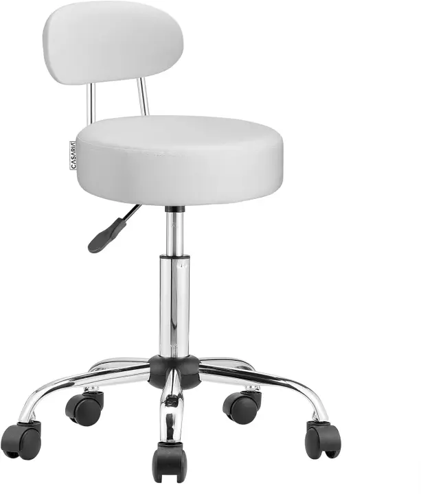 Taburete con ruedas, respaldo ajustable en altura 46-60 cm, asiento de 360º y 10 cm, blanco - 1