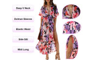 Vestido Midi de Estilo Boho Floral Cuello en V Profundo, Manga Dolman, Volante, Paño de Playa - details 2