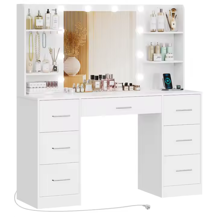 Tocador de Maquillaje Grande con Luces LED Regulables y enchufes, Mesa de Maquillaje con Espejo, Mesa de Tocador con 7 cajones, 4 estantes Abiertos y 5 Ganchos para Joyas, Blanco - 1