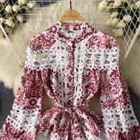 Minivestido ajustado con agujeros y manga acampanada para mujer, minivestido con estampado ral, cuello levantado, con cordones y cintura alta - details 15