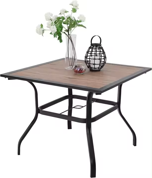Mesa de bistró cuadrada para comedor de patio con listones de acero y metal de 37 pulgadas, muebles de exterior, mesa de jardín, orificio para sombrilla de 1,57 pulgadas - 1