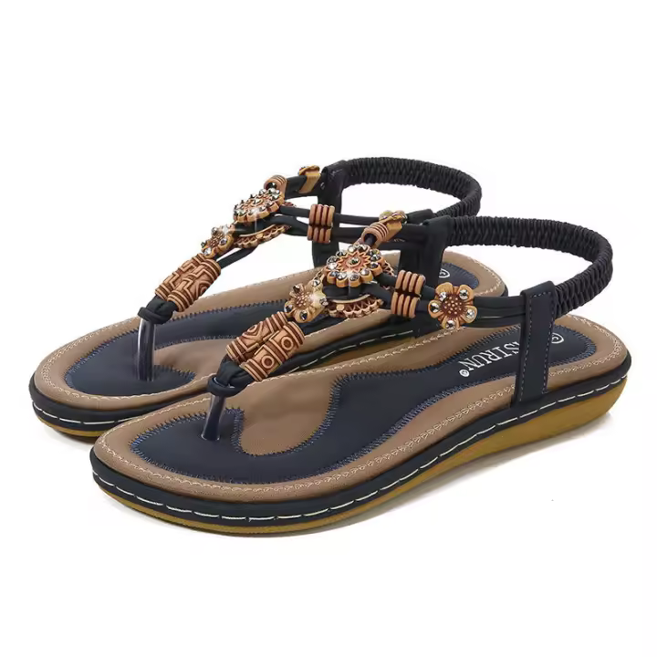 Sandalias de Mujer Verano 2025. Zapatos casuales planos de gran tamaño tejidos con cuentas de madera bohemias - 1