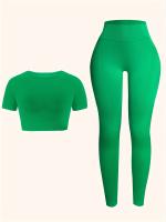 Conjunto Deportivo De 2 Piezas, Top De Yoga De Manga Corta Y polaina De Entrenamiento Para Correr De Cintura Alta, Ropa - details 3