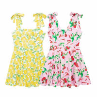 TRAFZA-Vestido corto sin hombros con estampado de frutas para mujer, minivestido elegante con cremallera, informal, con lazo, sin mangas, Verano - details 1