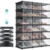 Juego de Organizadores de Zapatos 12 Cajas Apilables, 2 Zapateros Plegables y Portátiles, Hasta Talla 46, Montaje en 60s, Transparente y Blanco - details 7