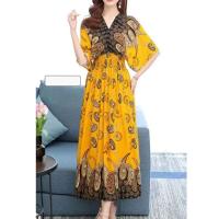 Casual bohemio estilo nacional con cuello en V cintura elástica gran Swing impreso verano Falda larga mujer vestido ropa - details 34