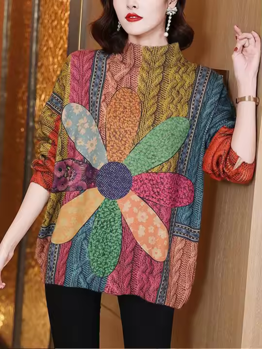 Jersey de cuello alto para mujer, Jersey holgado con estampado, cálido e informal, de lujo, elegante, a la moda, para invierno, 2023 - 1