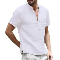 Camiseta informal de algodón y lino para hombre, camisa fina con cuello en V, tops transpirables para hombre - details 1