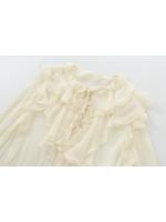 Camisa De Manga Larga Para Mujer Blanco Volante Translúcido Cuello Redondo Con Cordón Casual Otoño 2024 Polyester Blend - details 3