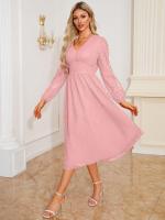 Vestido largo de manga larga con cuello en V para mujer, vestido elegante de corte en A, Color liso Vintage, estético, nuevo en oferta - details 5
