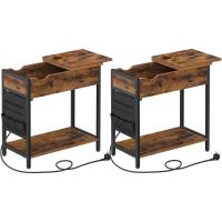 Mesa Lateral Adelgazada con Multienchufe Mesa de Noche para Sala de Estar y Dormitorio en Marrón Rústico y Negro - details 17