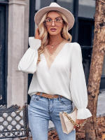 Blusa de retazos de encaje hueco para mujer, elegante camisa de manga larga para oficina, Tops elegantes sólidos sueltos, ropa de moda de otoño - details 1