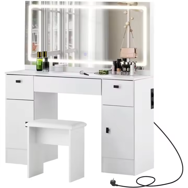 Hollywood LED 3 Colores, Maquillaje Espejo Gran HD y 5 Cajones, Mueble Dormitorio Estilo Morno Puerto USB - 1