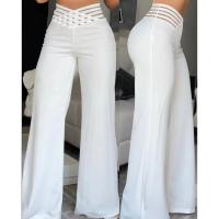 Pantalones Elegantos De Cintura Alta Y Pierna Ancha Para Mujer Casual Oficina Malla Transparente Con Cruces Ropa De Mujer - details 6