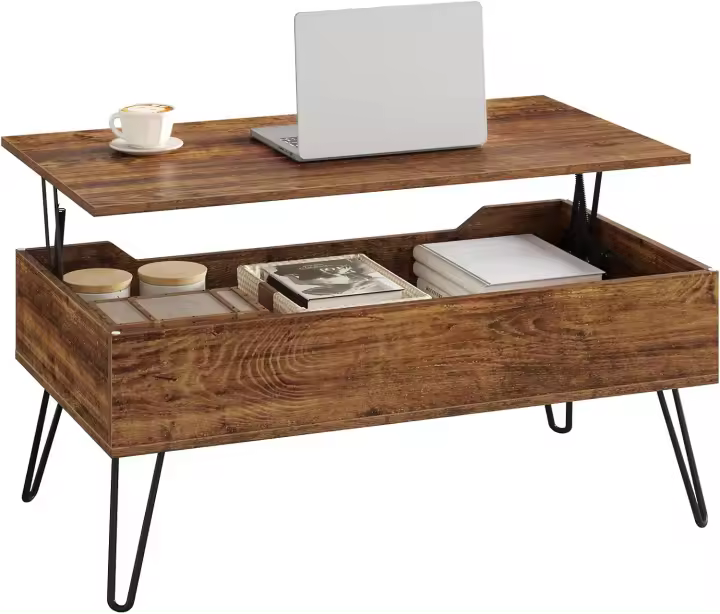 Mesa de Centro Elevable y Extensible Con Espacio Interno, Auxiliar Con Patas Metálicas Para Salón, 95x50x(40-55,5) cm, Marrón Rústico, BTS18hov - 1