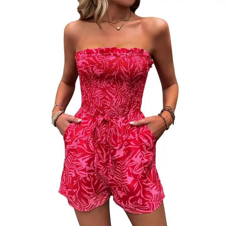 Monos de tubo sin mangas para mujer, Vestido corto con estampado rojo S, Verano - 1