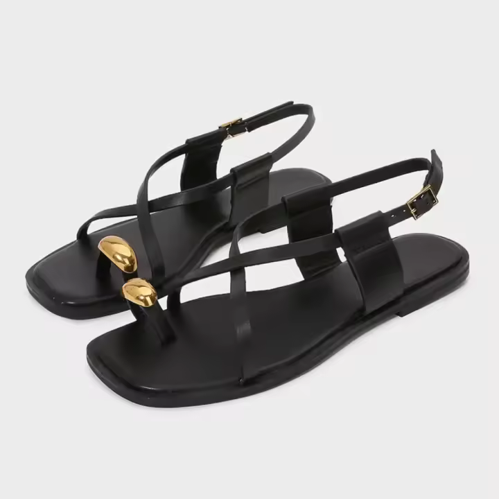 Primavera nuevos zapatos de mujer decoraciones de Metal tira de grano fino Sandalias planas de moda conjunto punta cuadrada zapatos de playa de cabeza - 1
