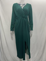 Vestido de fiesta de manga larga para mujer, vestido elegante de cuello en V, color sólido, nuevo, otoño - details 1
