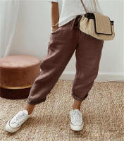 Pantalones elásticos casuales para mujer con bolsillos de lino y algodón - details 4