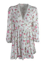 Women Summer Vintage Mini Dress Long Sleeve Floral Print Ruffles V Neck High Waist A Line Cocktail Dresses - details 2