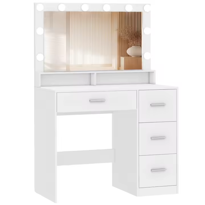 Tocador con espejo grande Regalos navideños, Regalo de Navidad, Tocador con iluminación LED, Brillo regulable, Mesa de cosmética con 4 cajones, Estilo moderno, Tocador para niña, mujer, dormitorio, blanco - 1