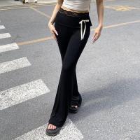 Pantalones acampanados de encaje para mujer, pantalones negros de cintura alta con lazo largo, ropa elástica cómoda de algodón estético - details 4