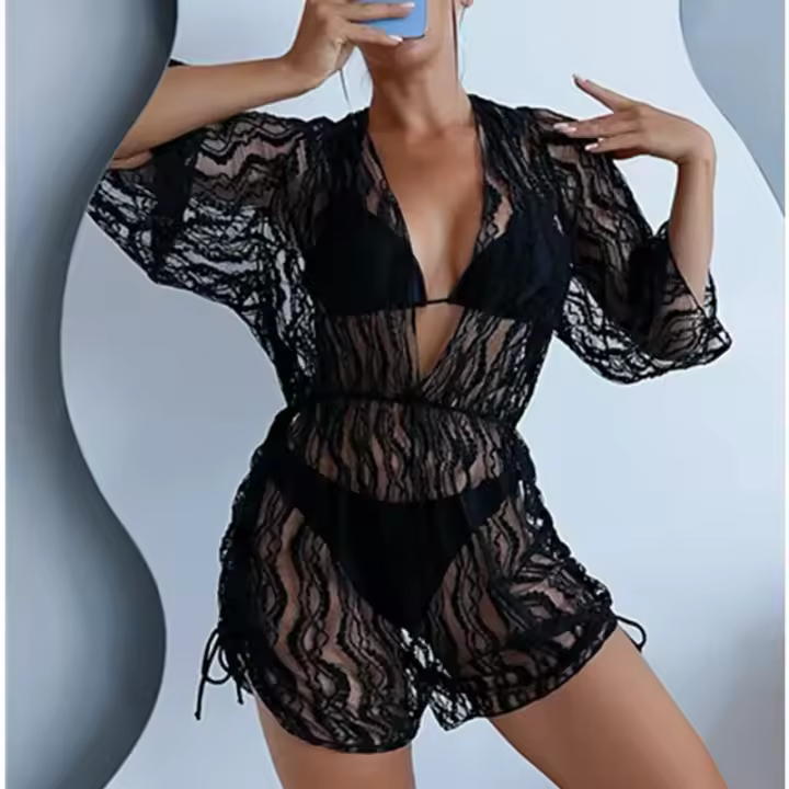 Traje de baño de tres piezas con estampado , traje de baño Sexy con cuello en V profundo, mono con cordón, conjunto de Bikini - 1
