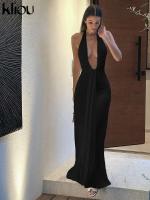 Kliou Halter fruncido mujeres Maxi vestido clásico sólido cuello bajo espalda descubierta elegante Simple bata femenina High Street Vestidos de vacaciones - details 17
