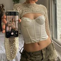 Top corto de ganchillo de manga larga para mujer, ropa de calle de punto con malla ahuecada, Y2k, 2025 - details 13