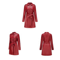 Gabardina cortavientos de piel sintética para mujer, chaquetas con cinturón, abrigo largo medio - details 28