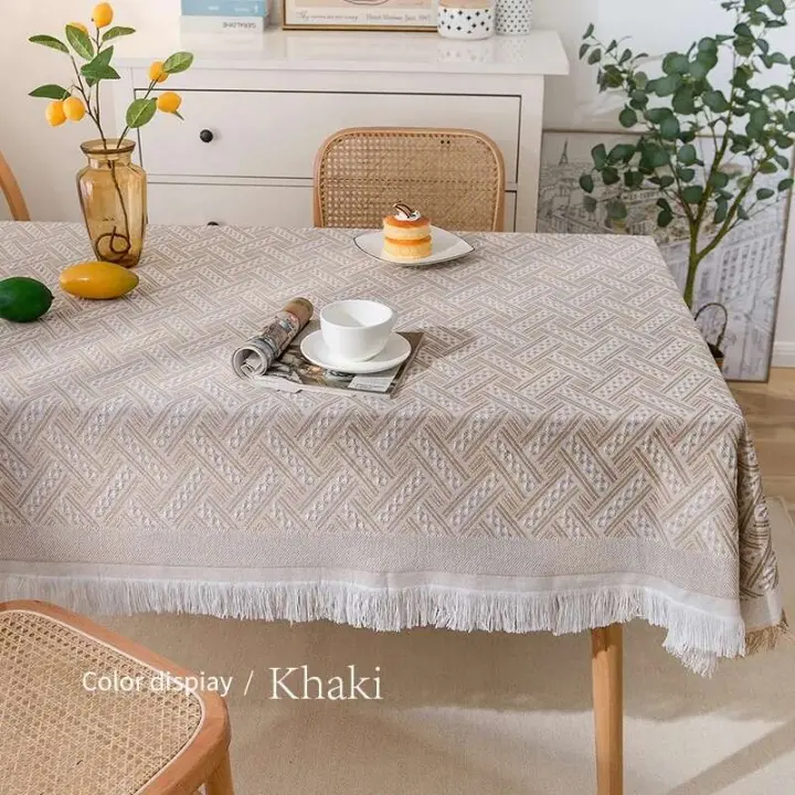 Mantel de rejilla tipo gofre con borde de borla, lino de algodón para uso doméstico y de camping, mantel rectangular circular para mesa central - 1